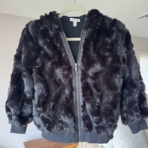 Girls Ella Moss Plush Faux Fur Zip Hoodie - Black, girls sz 12